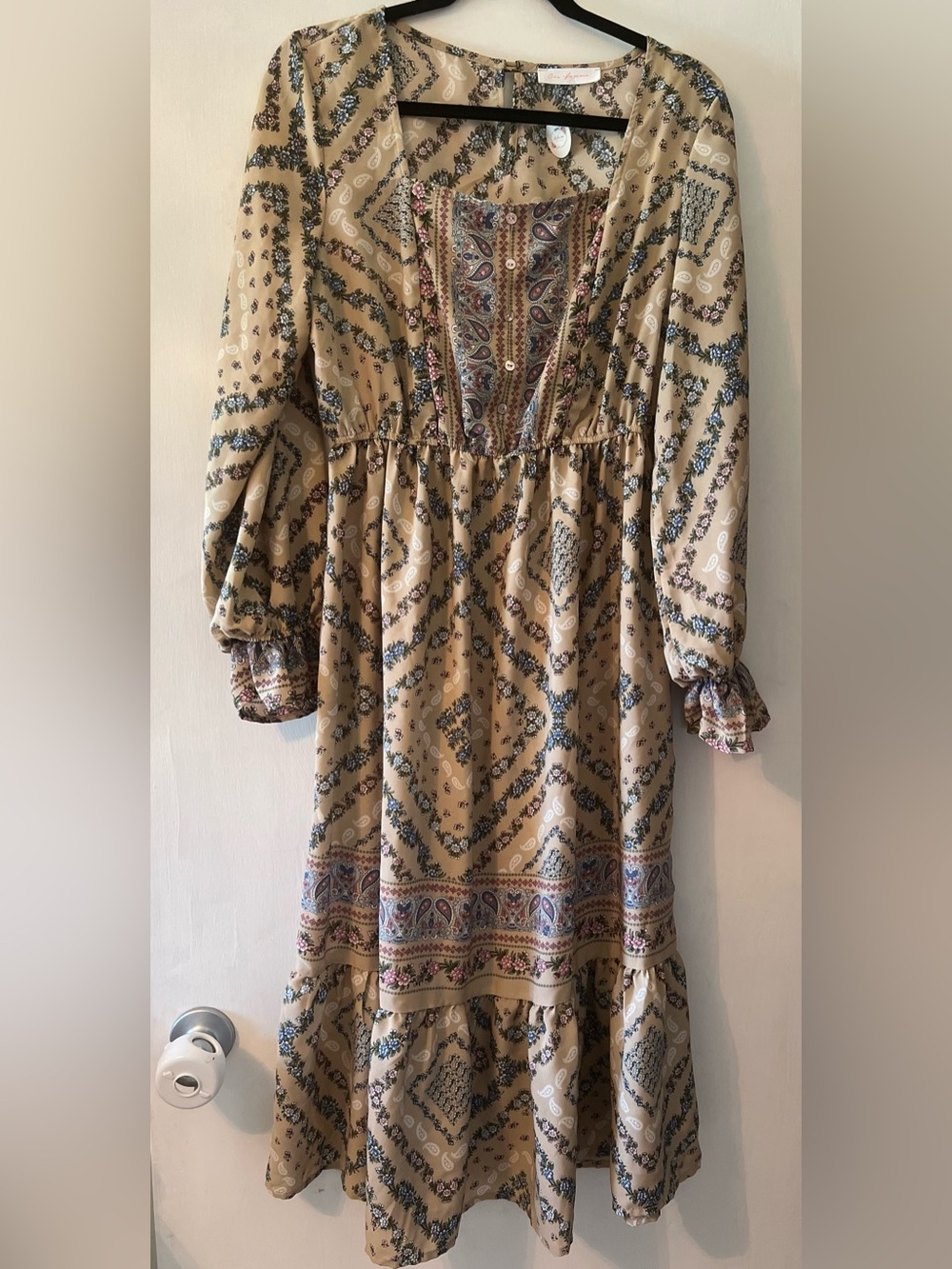 Ces Femme Tan Paisley Boho Long Sleeve Dress
